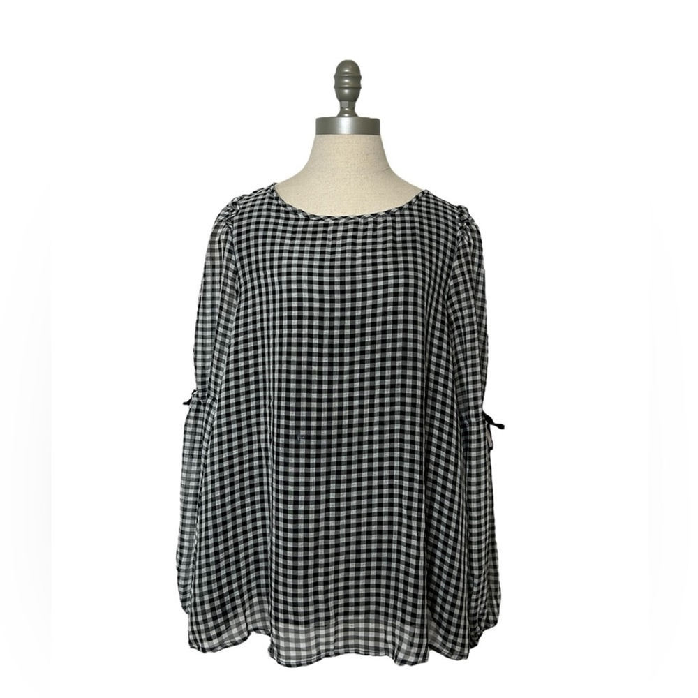 Max Studio Gingham Black White Plaid Long Sleeve Ruffle Tie Sleeve Blouse - Picture 3 of 16